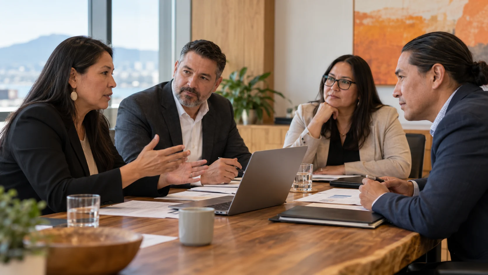 Illustrative acquisition advisory meeting with fictional business professionals