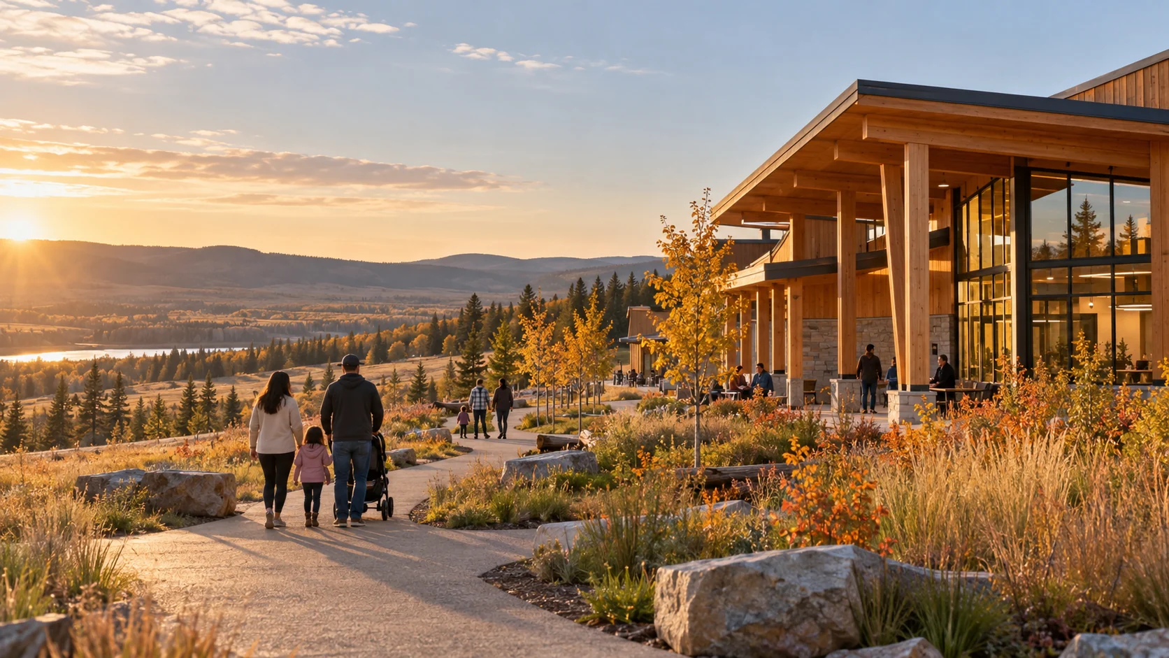 Concept of a contemporary timber community building in a Canadian landscape