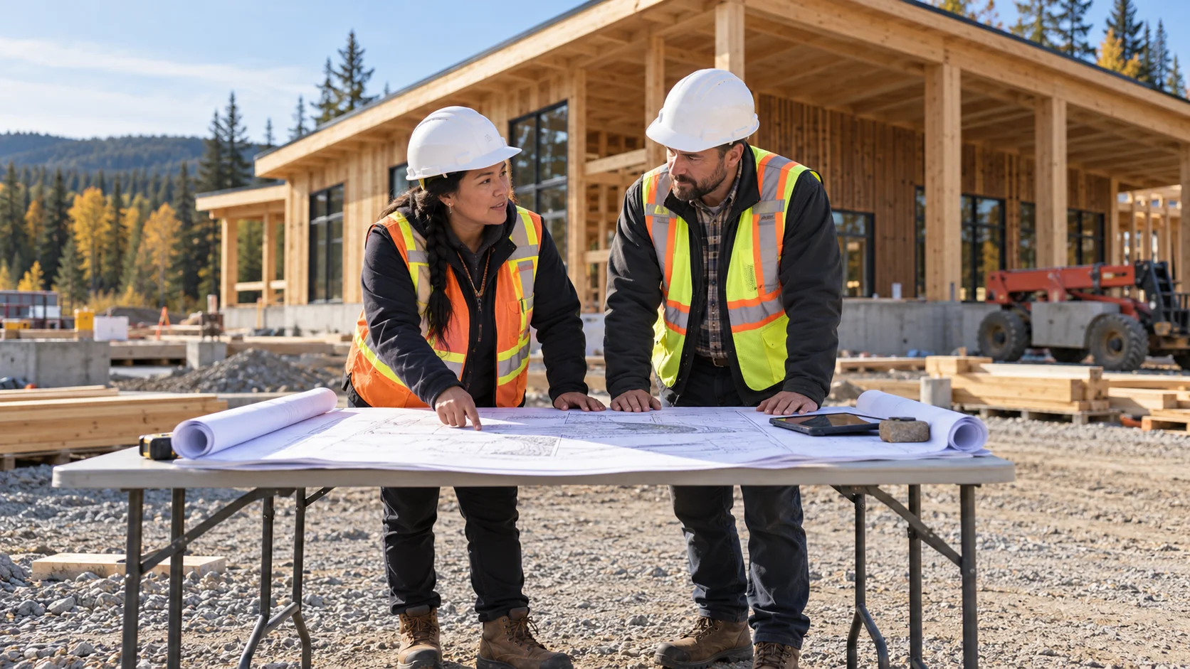 Fictional project representatives reviewing plans outside a community building construction site