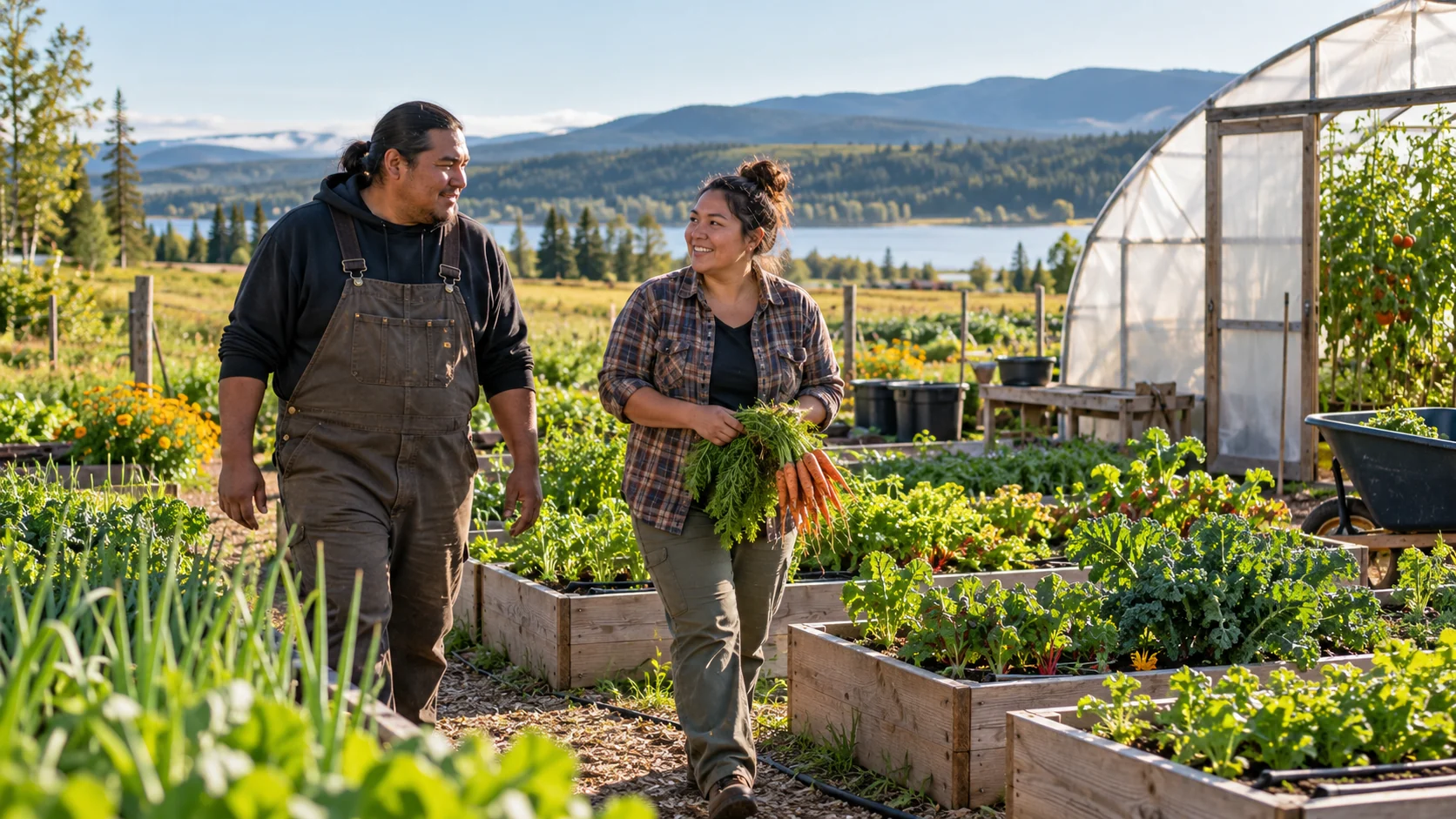 Fictional agricultural workers in a community demonstration garden